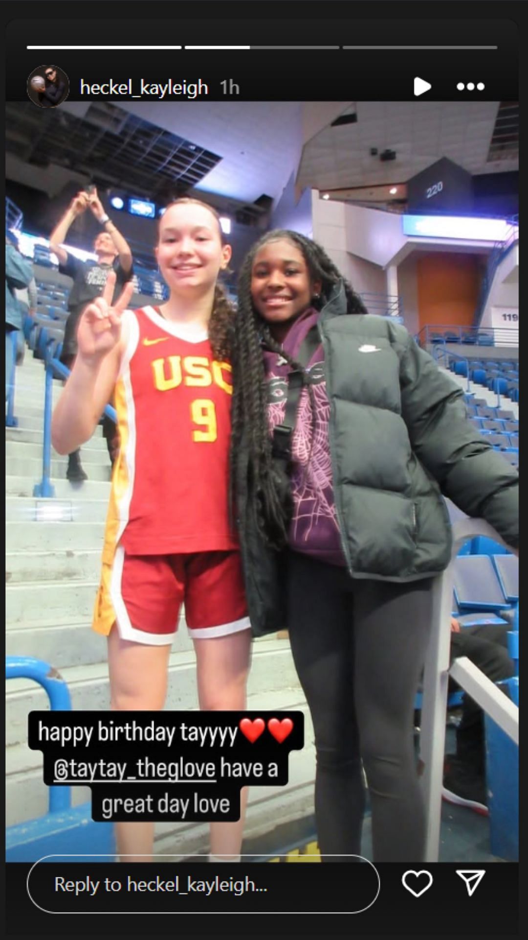 Kayleigh Heckel wishes high school basketball star Taylor Brown a happy birthday on IG story. Image via @heckel_kayleigh